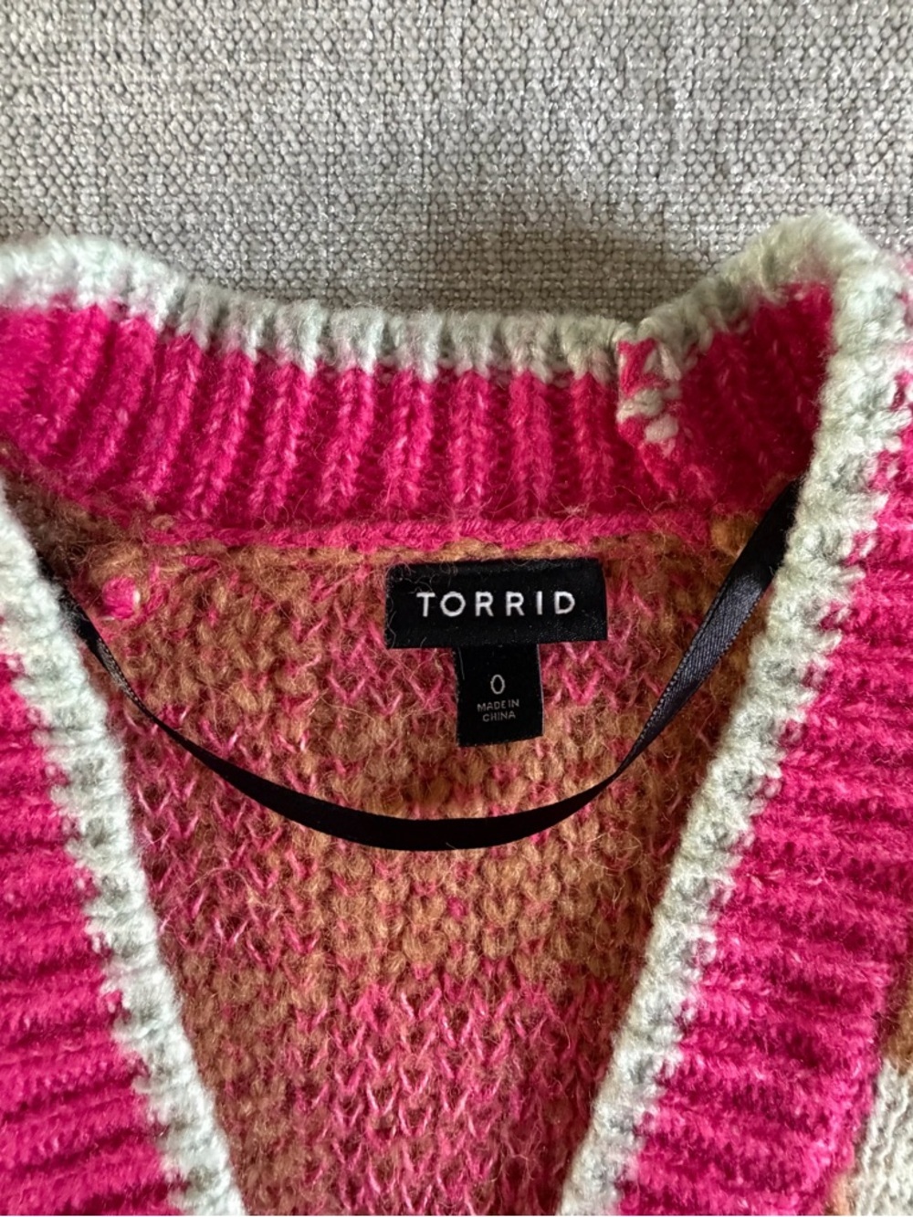 Torrid Chunky Cardigan V-Neck Button Front Sweater pink tan checkered - Picture 6 of 12